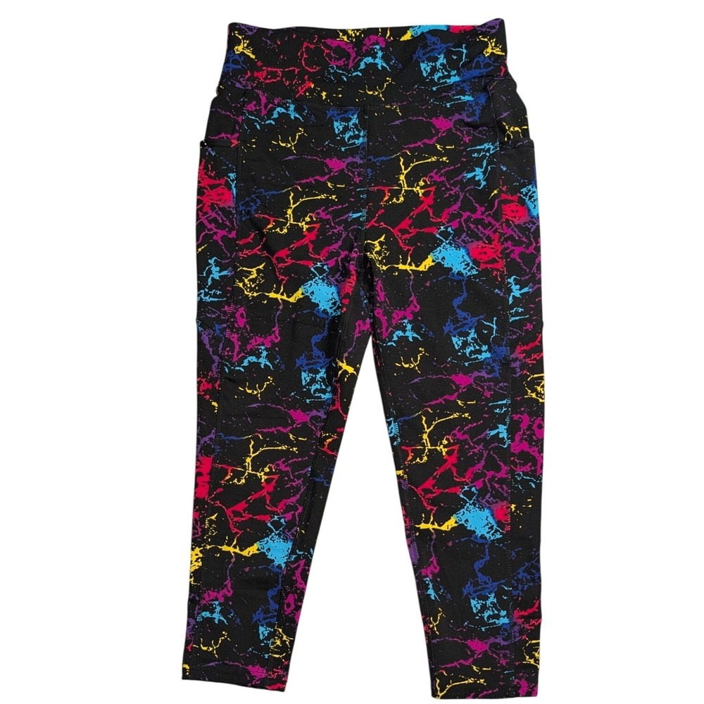 POP Fit Womens Large High Waisted Cropped Leggings Black Neon Splatter Pockets